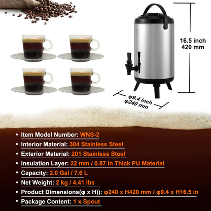 VEVOR Stainless Steel Insulated Beverage Dispenser, 7.6 Liter, Thermal Hot and Cold Drink Server Dispenser with Spigot Handle, Food - grade for Hot Tea Coffee Water Restaurant Drink Shop - Factory Direct Shop