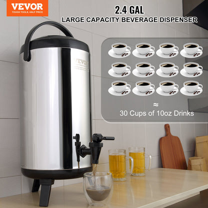 VEVOR Stainless Steel Insulated Beverage Dispenser, 9.2 Liter, Thermal Hot and Cold Drink Server Dispenser with Spigot Handle, Food - grade for Hot Tea Coffee Water Restaurant Drink Shop - Factory Direct Shop