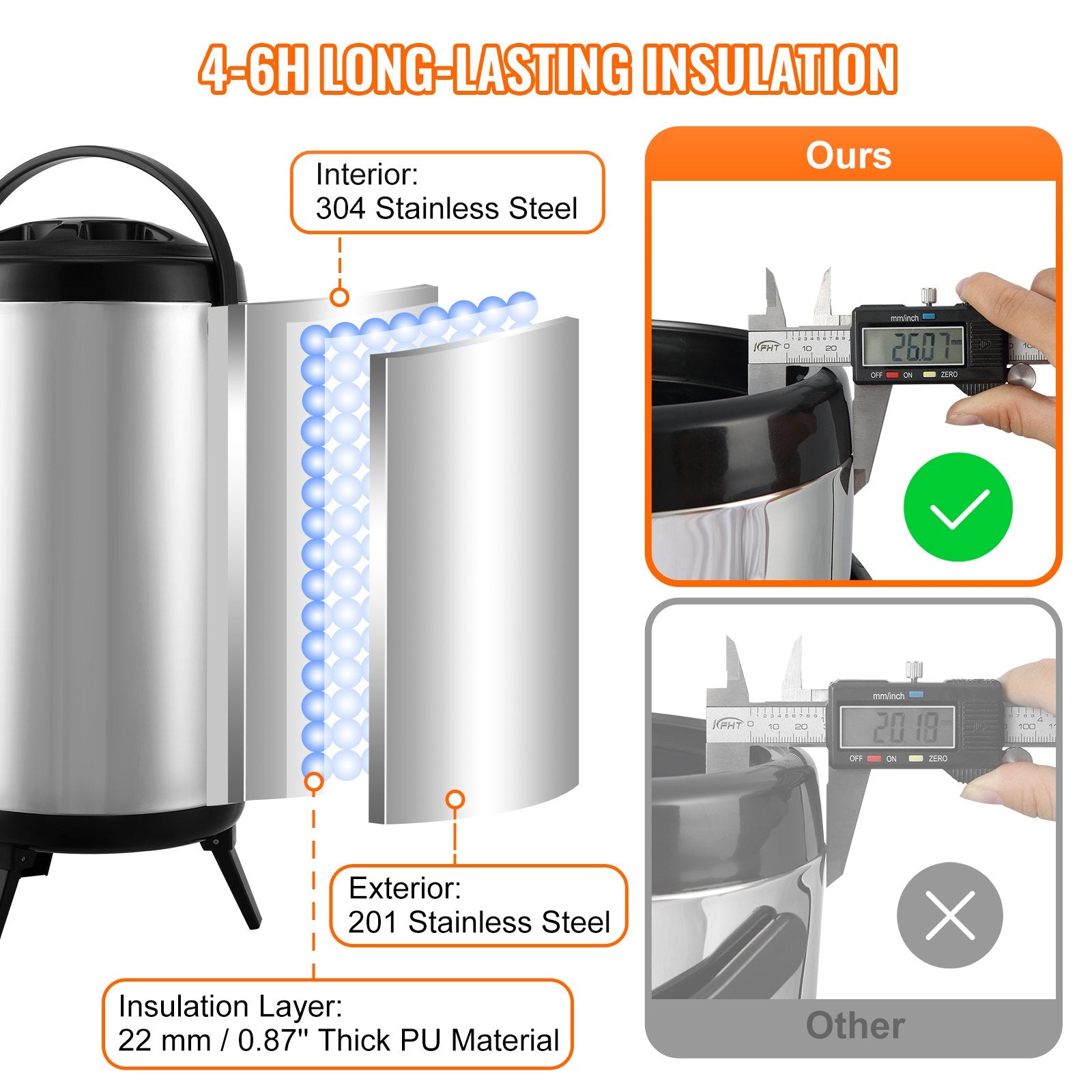 VEVOR Stainless Steel Insulated Beverage Dispenser, 9.2 Liter, Thermal Hot and Cold Drink Server Dispenser with Spigot Handle, Food - grade for Hot Tea Coffee Water Restaurant Drink Shop - Factory Direct Shop