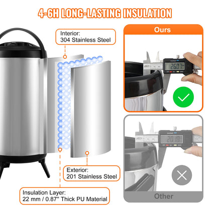 VEVOR Stainless Steel Insulated Beverage Dispenser, 9.2 Liter, Thermal Hot and Cold Drink Server Dispenser with Spigot Handle, Food - grade for Hot Tea Coffee Water Restaurant Drink Shop - Factory Direct Shop