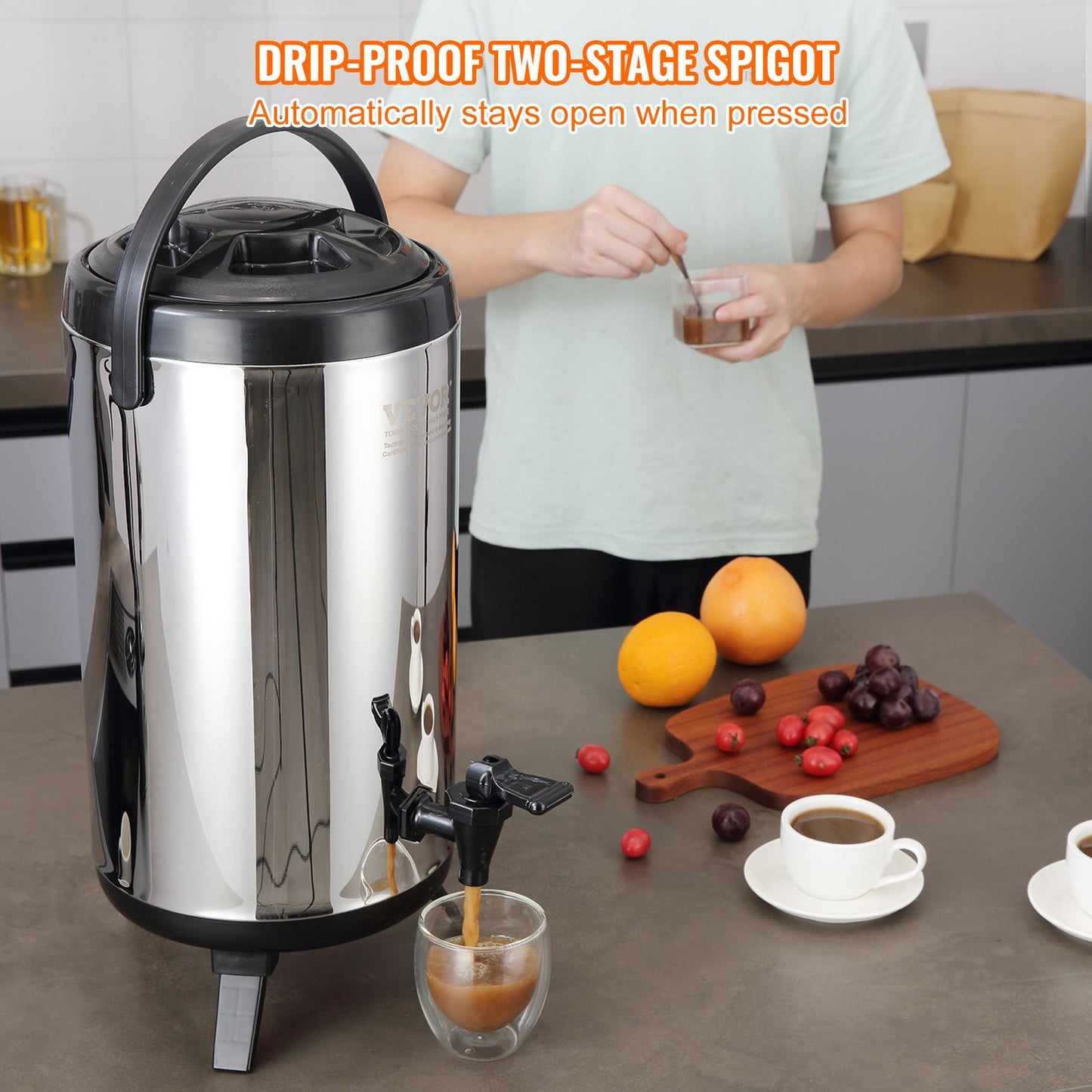 VEVOR Stainless Steel Insulated Beverage Dispenser, 9.2 Liter, Thermal Hot and Cold Drink Server Dispenser with Spigot Handle, Food - grade for Hot Tea Coffee Water Restaurant Drink Shop - Factory Direct Shop