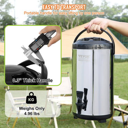 VEVOR Stainless Steel Insulated Beverage Dispenser, 9.2 Liter, Thermal Hot and Cold Drink Server Dispenser with Spigot Handle, Food - grade for Hot Tea Coffee Water Restaurant Drink Shop - Factory Direct Shop