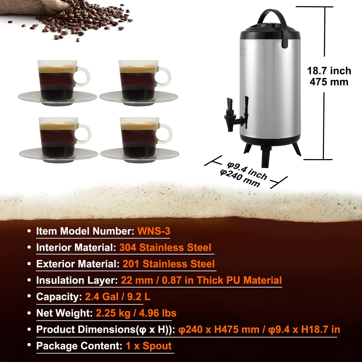 VEVOR Stainless Steel Insulated Beverage Dispenser, 9.2 Liter, Thermal Hot and Cold Drink Server Dispenser with Spigot Handle, Food - grade for Hot Tea Coffee Water Restaurant Drink Shop - Factory Direct Shop
