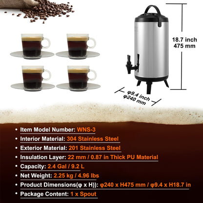VEVOR Stainless Steel Insulated Beverage Dispenser, 9.2 Liter, Thermal Hot and Cold Drink Server Dispenser with Spigot Handle, Food - grade for Hot Tea Coffee Water Restaurant Drink Shop - Factory Direct Shop