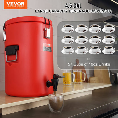 VEVOR Stainless Steel Insulated Beverage Dispenser, 17.2 Liter, Thermal Hot and Cold Drink Server Dispenser with Spigot Handle, Food - grade for Hot Tea Coffee Water Restaurant Drink Shop - Factory Direct Shop