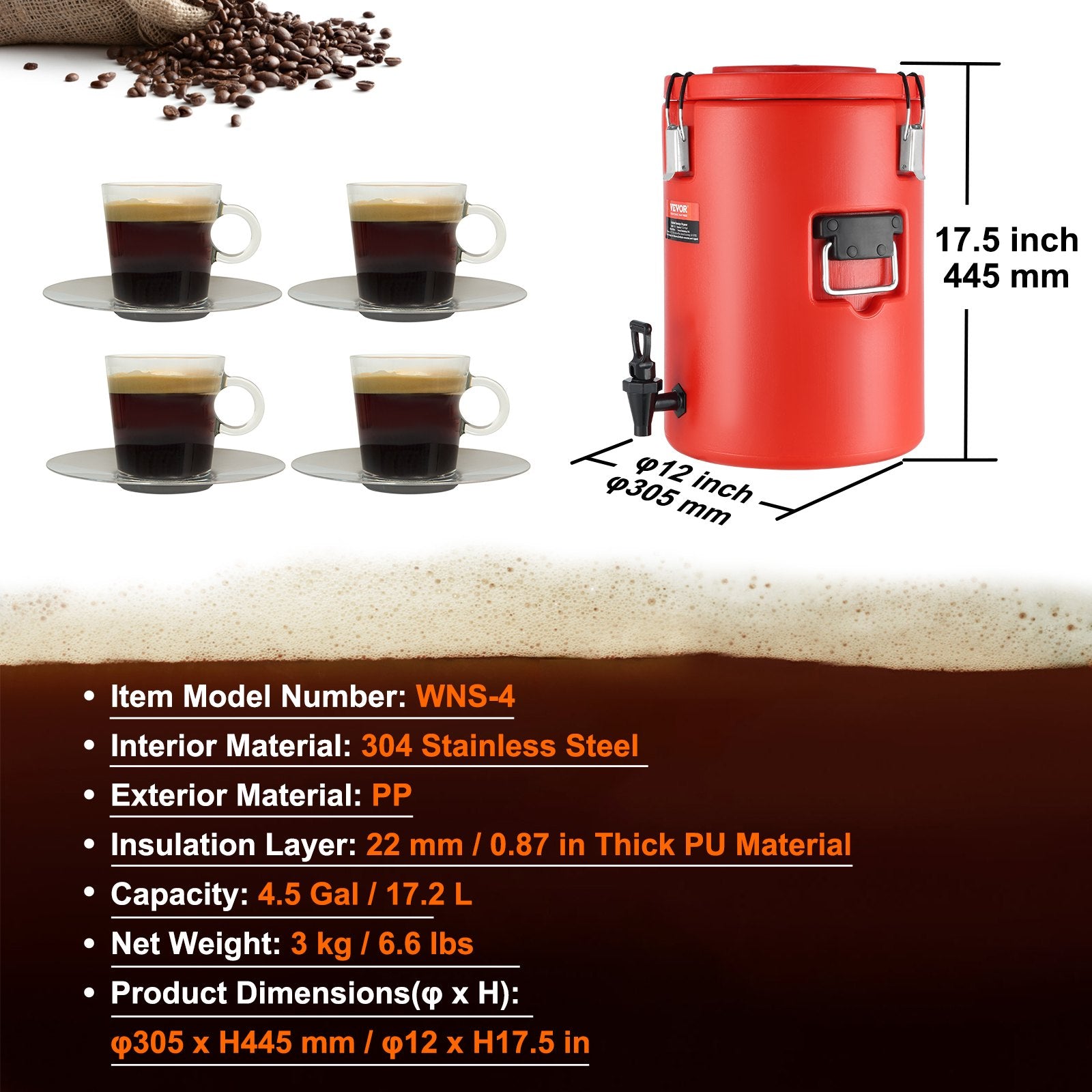 VEVOR Stainless Steel Insulated Beverage Dispenser, 17.2 Liter, Thermal Hot and Cold Drink Server Dispenser with Spigot Handle, Food - grade for Hot Tea Coffee Water Restaurant Drink Shop - Factory Direct Shop