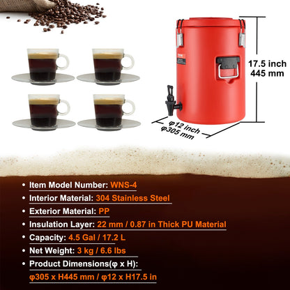 VEVOR Stainless Steel Insulated Beverage Dispenser, 17.2 Liter, Thermal Hot and Cold Drink Server Dispenser with Spigot Handle, Food - grade for Hot Tea Coffee Water Restaurant Drink Shop - Factory Direct Shop