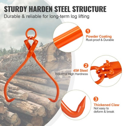 Log Skidding Tongs, 81.3cm 2 Claw Log Lifting Tongs, Heavy Duty Steel Lumber Skidding Tongs, 700 kg Loading Capacity, Log Lifting, Handling, Dragging & Carrying Tool