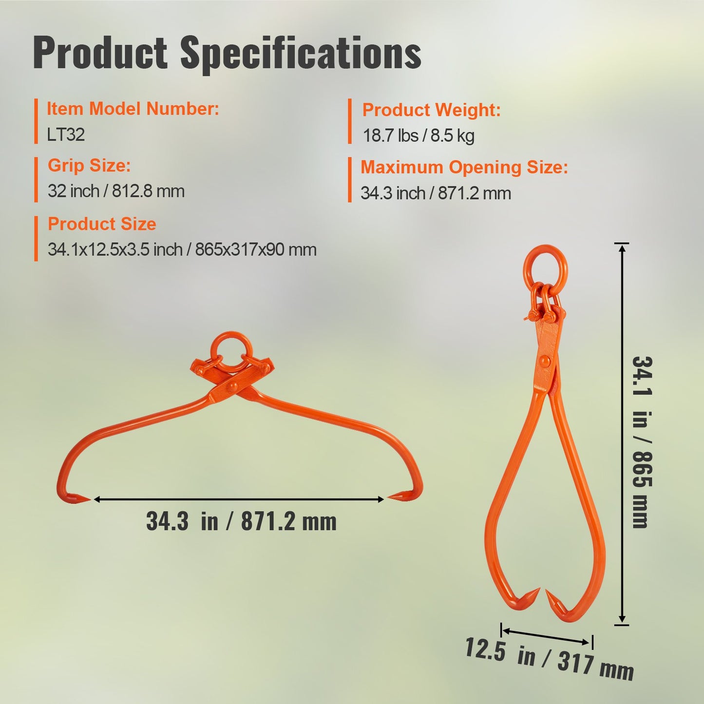 Log Skidding Tongs, 81.3cm 2 Claw Log Lifting Tongs, Heavy Duty Steel Lumber Skidding Tongs, 700 kg Loading Capacity, Log Lifting, Handling, Dragging & Carrying Tool