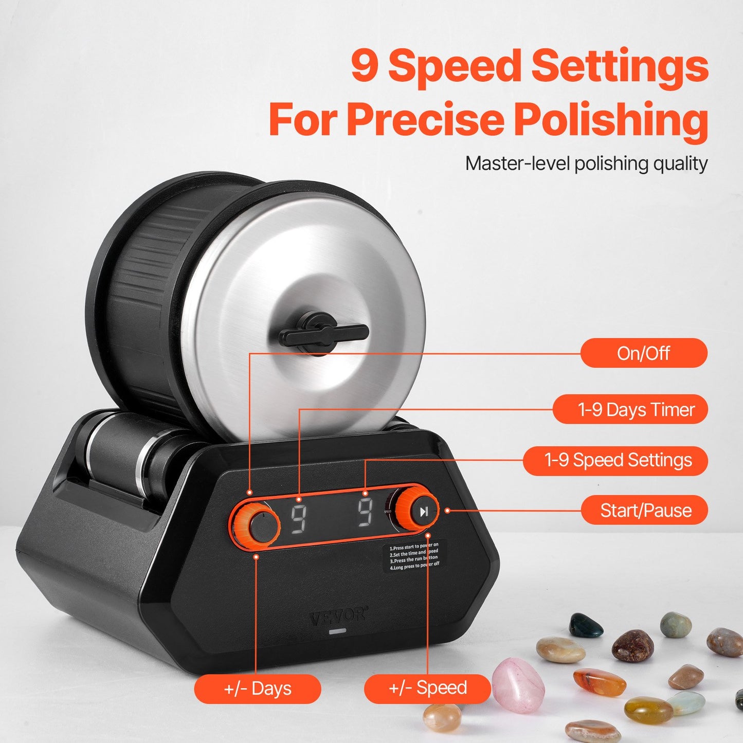 VEVOR Rock Tumbler Kit, 4 lbs Rock Polishing Kit, 9 Speed Settings 9-Day Polishing Timer Stone Polishing Kit, Rock Polisher with Rough Gemstones and Polishing Grits, Rock Polisher for Kids Adults