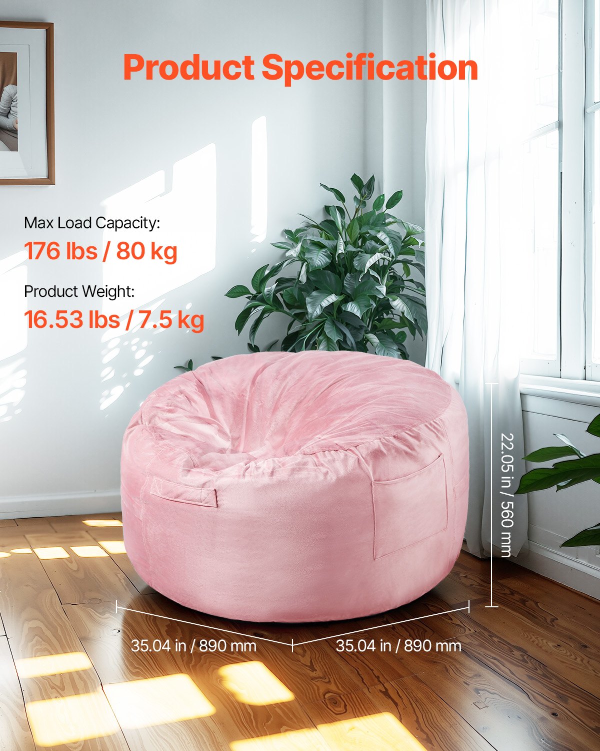 91 cm Round Bean Bag Chair with Removable Cover & Dutch Velvet Pink
