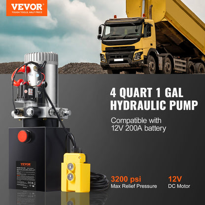 Hydraulic Pump, 4 Quart Hydraulic Power Unit, Single Acting Dump Trailer Pump, 0.91 GPM Flow Rate, 3200 PSI Max Relief Pressure, DC 12V Hydraulic Pump for Dump Trailer Car Lifting