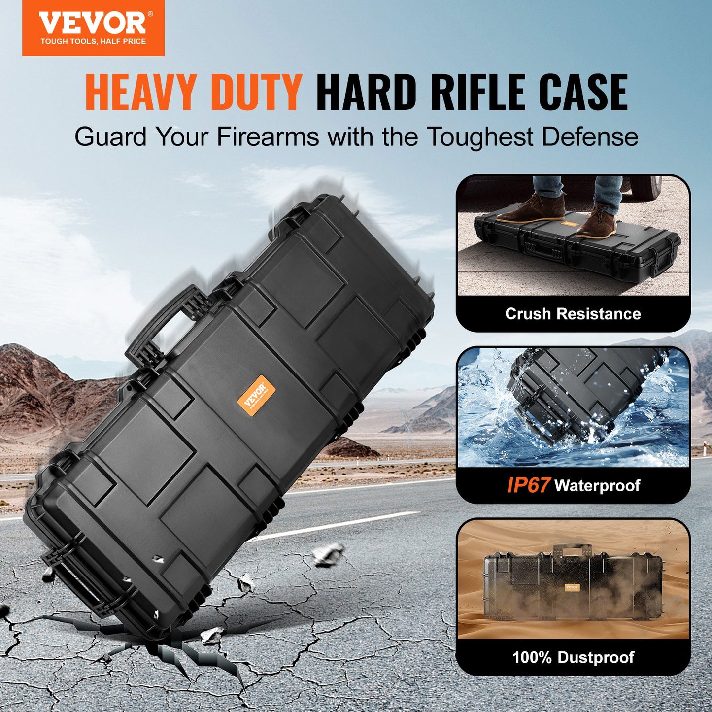 Rifle Case, Rifle Hard Case with 3 Layers Fully-protective Foams, 42 inch lockable Hard Gun Case with Wheels, IP67 Waterproof & Crushproof, for Two Rifles or Shotguns, Airsoft Gun