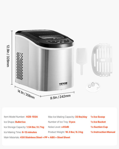 Portable Countertop Ice Maker 33Lbs/24H Self-Cleaning with Scoop Basket