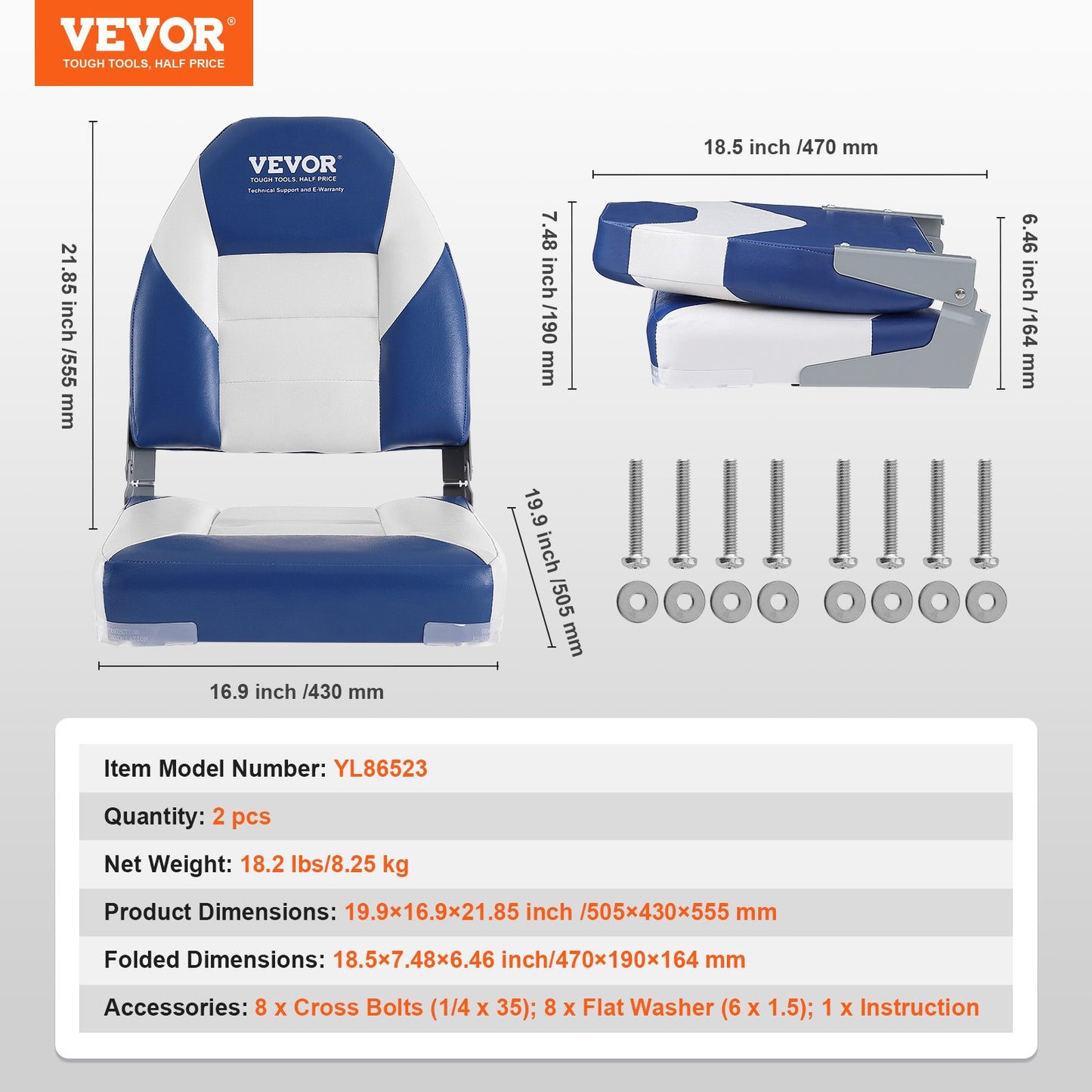 VEVOR Boat Seats, 555 mm High Back Boat Seat 2-Pack