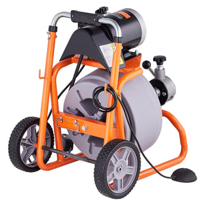 Drain Cleaner Machine 100FT x 3/8 Inch, Auto Feed Sewer Snake Drain Auger on Wheels, Portable Drain Cleaning Machine with 8 Cutters & Air-activated Foot Switch for 2" to 4" Pipes