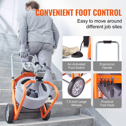 Drain Cleaner Machine 100FT x 3/8 Inch, Auto Feed Sewer Snake Drain Auger on Wheels, Portable Drain Cleaning Machine with 8 Cutters & Air-activated Foot Switch for 2" to 4" Pipes