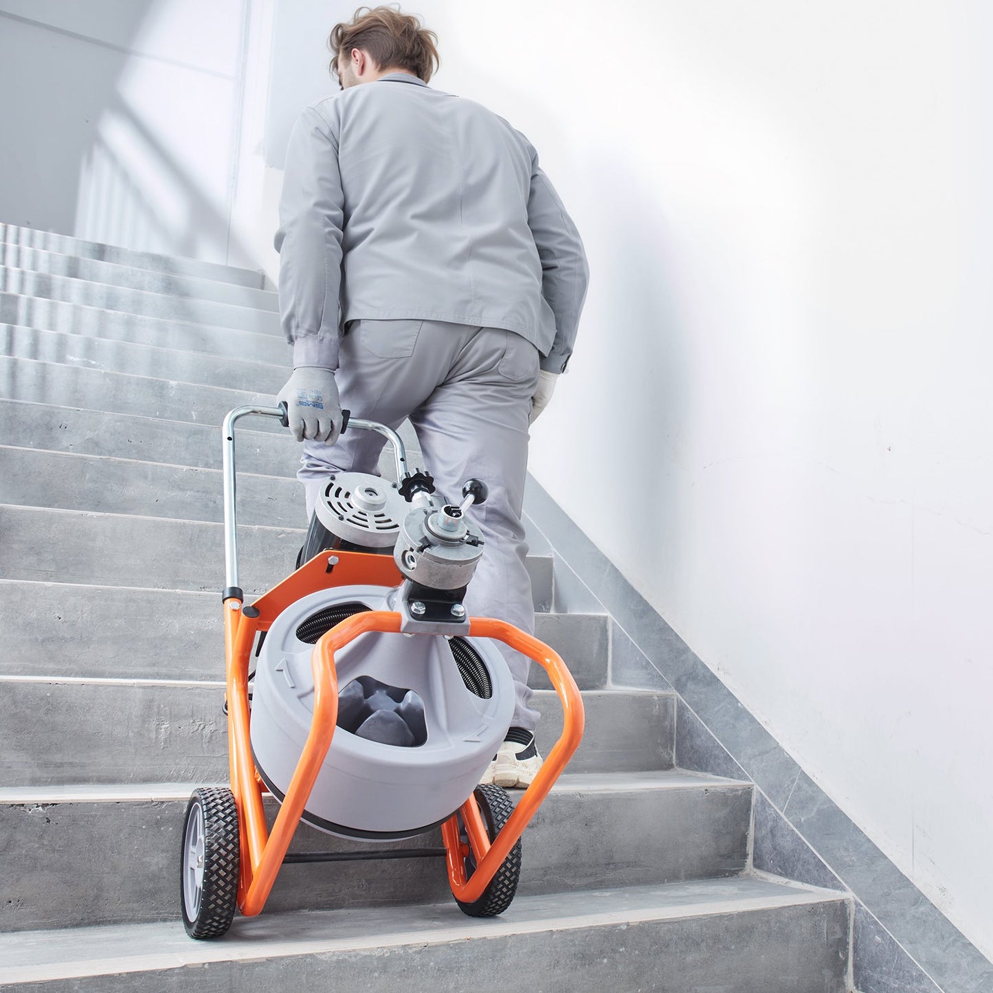 Drain Cleaner Machine 100FT x 3/8 Inch, Auto Feed Sewer Snake Drain Auger on Wheels, Portable Drain Cleaning Machine with 8 Cutters & Air-activated Foot Switch for 2" to 4" Pipes