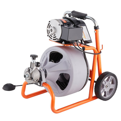 Drain Cleaner Machine 100FT x 3/8 Inch, Auto Feed Sewer Snake Drain Auger on Wheels, Portable Drain Cleaning Machine with 8 Cutters & Air-activated Foot Switch for 2" to 4" Pipes