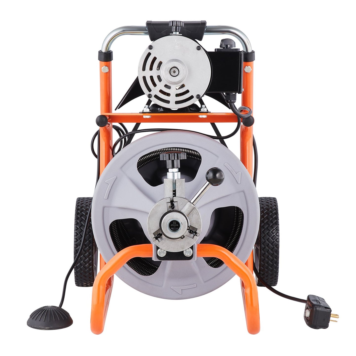 Drain Cleaner Machine 100FT x 3/8 Inch, Auto Feed Sewer Snake Drain Auger on Wheels, Portable Drain Cleaning Machine with 8 Cutters & Air-activated Foot Switch for 2" to 4" Pipes