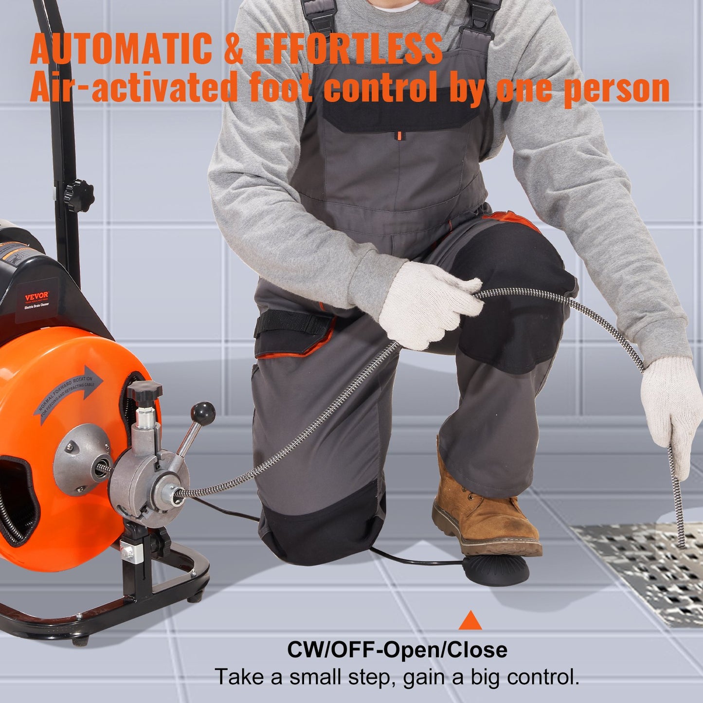 Drain Cleaning Machine 50 FT x 1/2 Inch, Sewer Snake Machine Auto Feed, Drain Auger Cleaner with 4 Cutter & Air-Activated Foot Switch for 1" to 4" Pipes