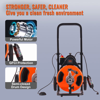 Drain Cleaning Machine 50 FT x 1/2 Inch, Sewer Snake Machine Auto Feed, Drain Auger Cleaner with 4 Cutter & Air-Activated Foot Switch for 1" to 4" Pipes