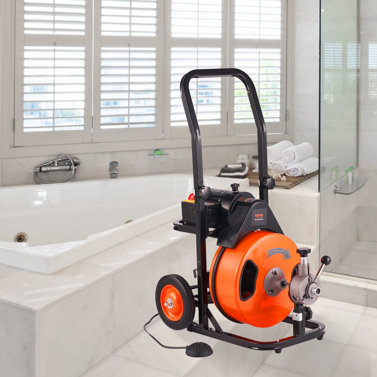 Drain Cleaning Machine 50 FT x 1/2 Inch, Sewer Snake Machine Auto Feed, Drain Auger Cleaner with 4 Cutter & Air-Activated Foot Switch for 1" to 4" Pipes