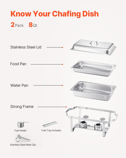 8 Qt 2 Pack Rectangle Chafing Dish Buffet Set Fullsize Pan Stainless Steel