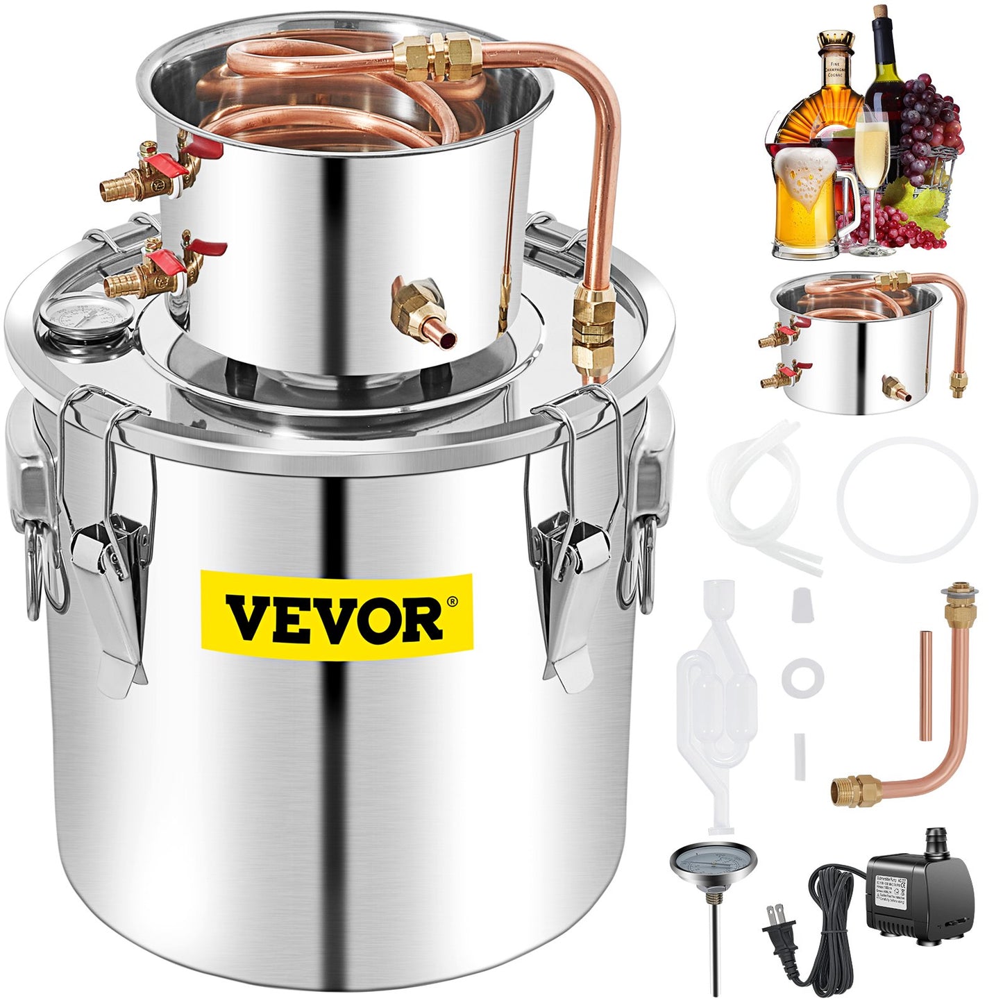 50L Water Alcohol Distiller Copper Moonshinestill Brewing w/ Water Pump