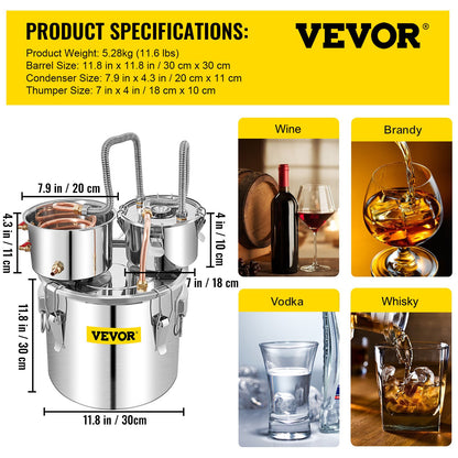 Moonshine Still 5 Gal 21L Stainless Steel Water Alcohol Distiller Copper Tube Home Brewing Kit Build-in Thermometer for DIY Whisky Wine Brandy, 5GAL, 3 pots