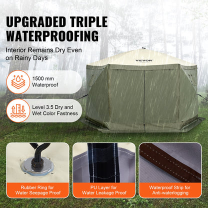 Pop Up Gazebo Tent, Pop-Up Screen Tent 6 Sided Canopy Sun Shelter with 6 Removable Privacy Wind Cloths & Mesh Windows, 12x12FT Quick Set Screen Tent with Mosquito Netting, Army Green