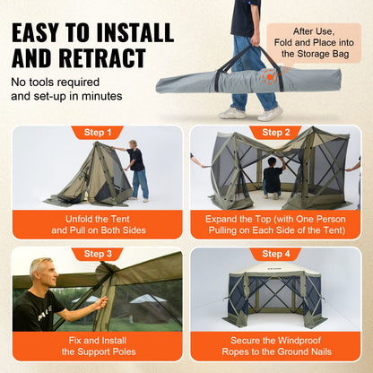 Pop Up Gazebo Tent, Pop-Up Screen Tent 6 Sided Canopy Sun Shelter with 6 Removable Privacy Wind Cloths & Mesh Windows, 12x12FT Quick Set Screen Tent with Mosquito Netting, Army Green