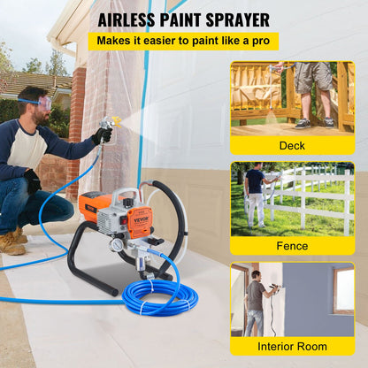 Airless paint sprayer with images of use on deck, fence, and interior room.