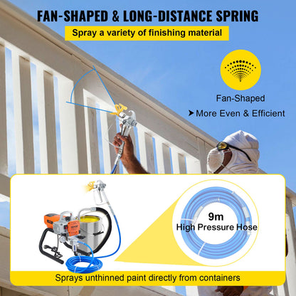 Person using a paint sprayer on a balcony with text highlighting features like fan-shaped spray pattern and long-distance spring.
