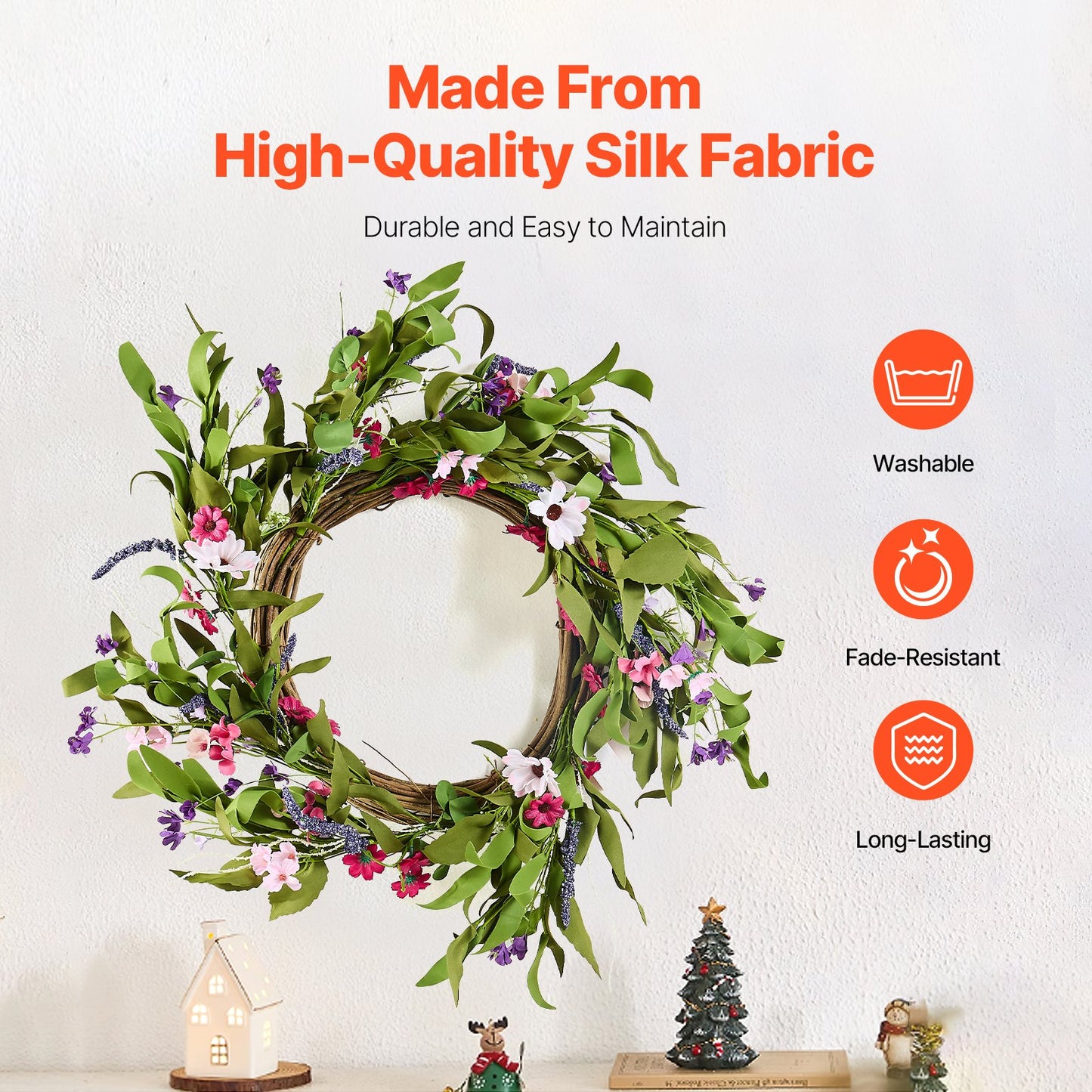 Artificial Decorative Wreath 55.88 cm Pink Green with Daisies Year Round