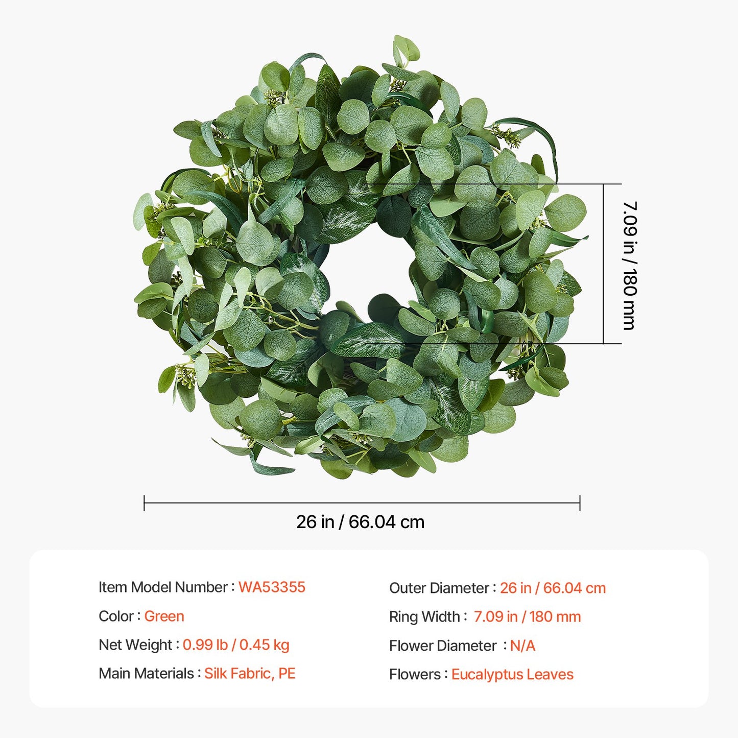 Artificial Decorative Wreath 66.04 cm Green Eucalyptus Leaves Year Round