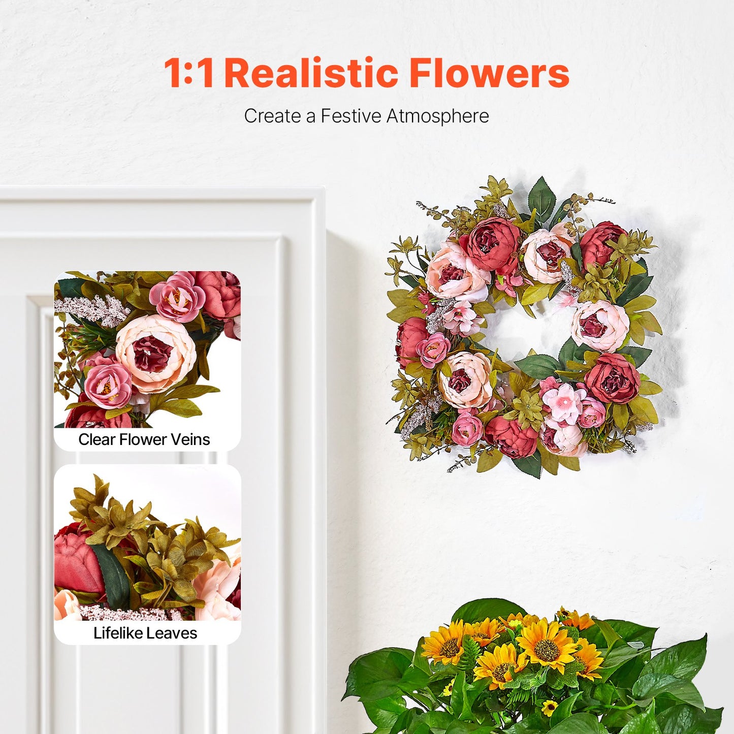 Artificial Decorative Wreath 48.26 cm Pink Peonies Hydrangeas Year Round