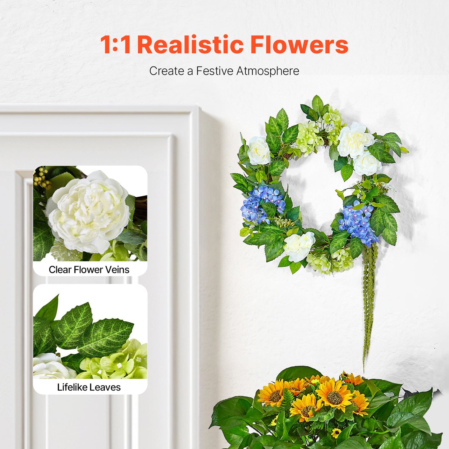 Artificial Decorative Wreath 58.42 cm Blue White Green Hydrangeas Roses