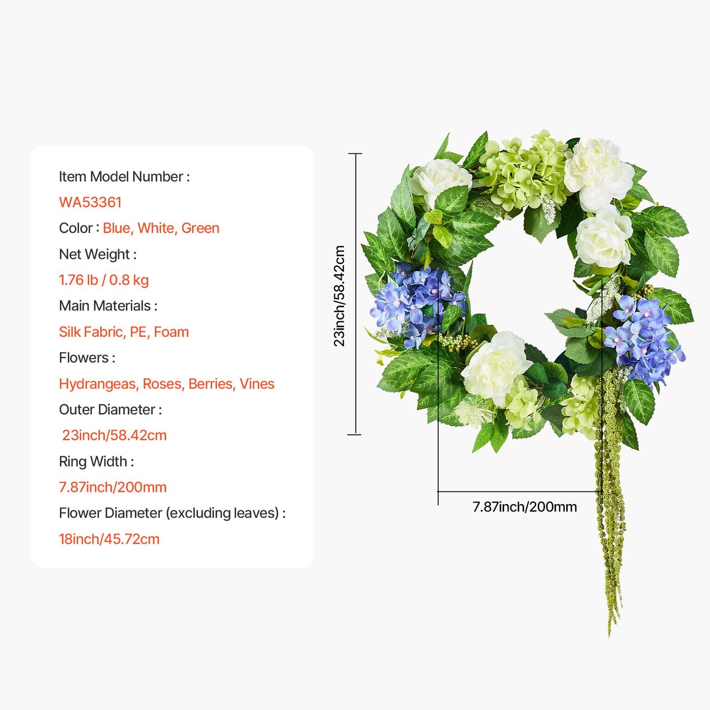 Artificial Decorative Wreath 58.42 cm Blue White Green Hydrangeas Roses