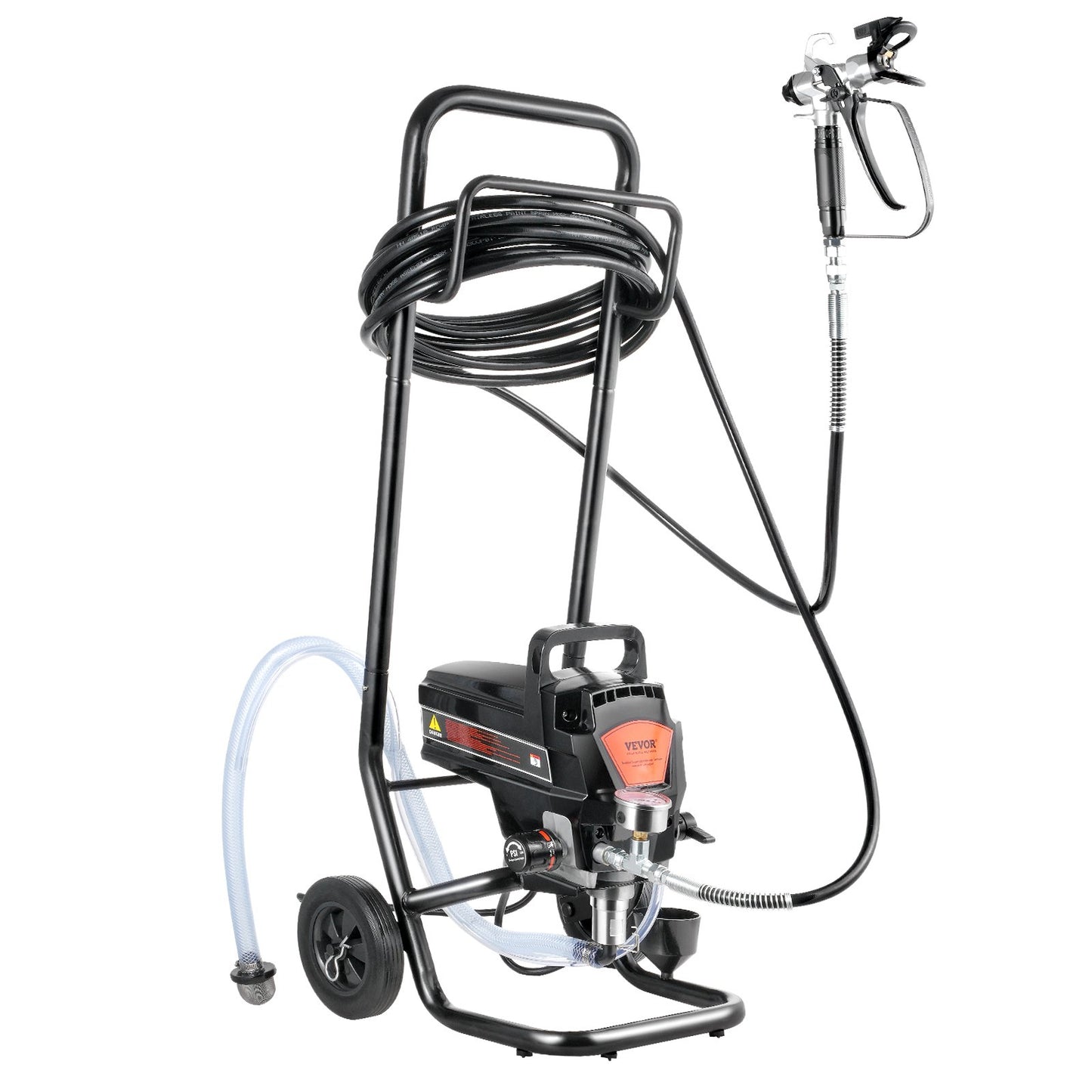 Pressure washer with hose and nozzle on a white background