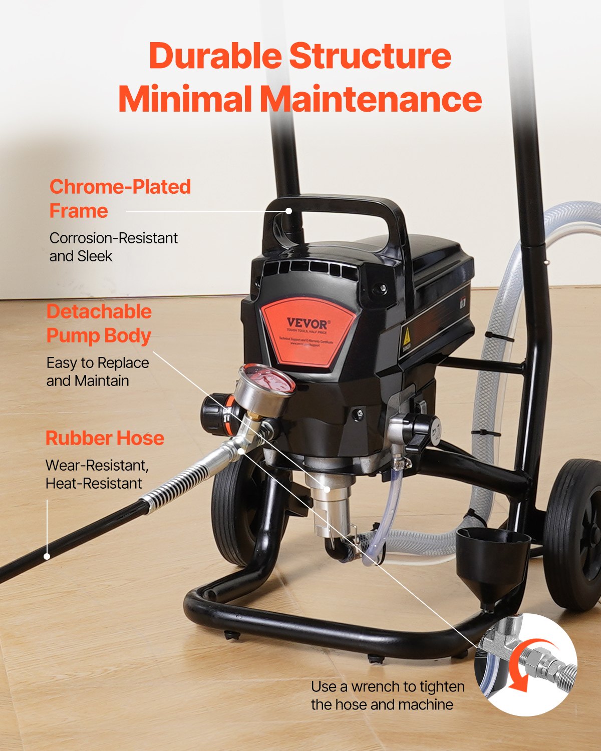 Pressure washer with features highlighted on a wooden floor background