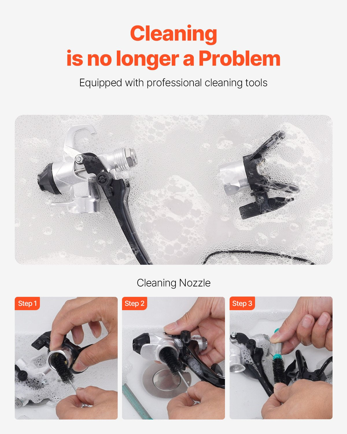 Cleaning tool with instructions on how to use it, featuring a nozzle and hands demonstrating the process.