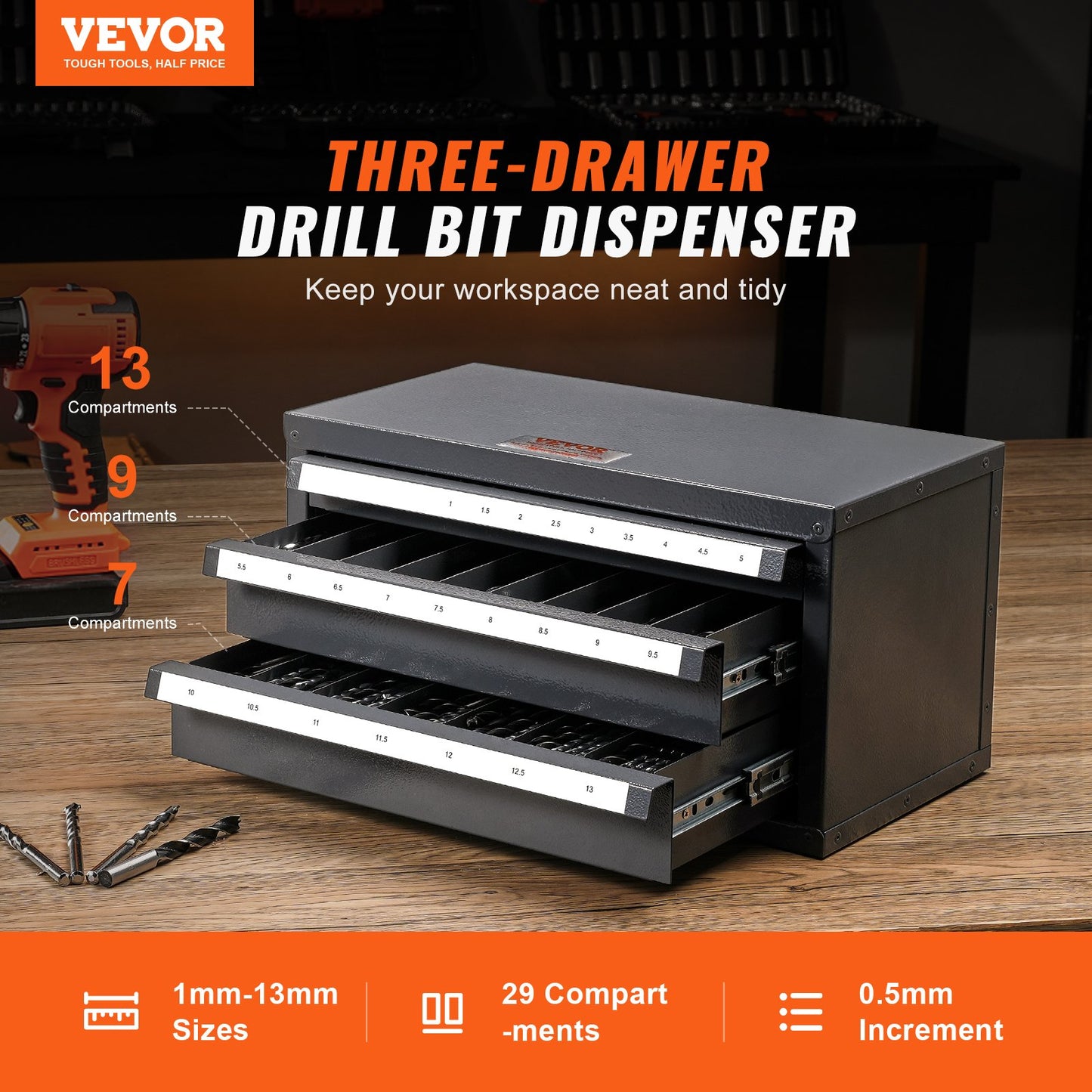 Drill Bit Dispenser Cabinet, Three-Drawer Drill Bit Organizer Cabinet for 1mm to 13mm, Steel Drill Dispenser Organizer Cabinet with Labels, Stackable Drill Dispenser for Drill Bit Storage