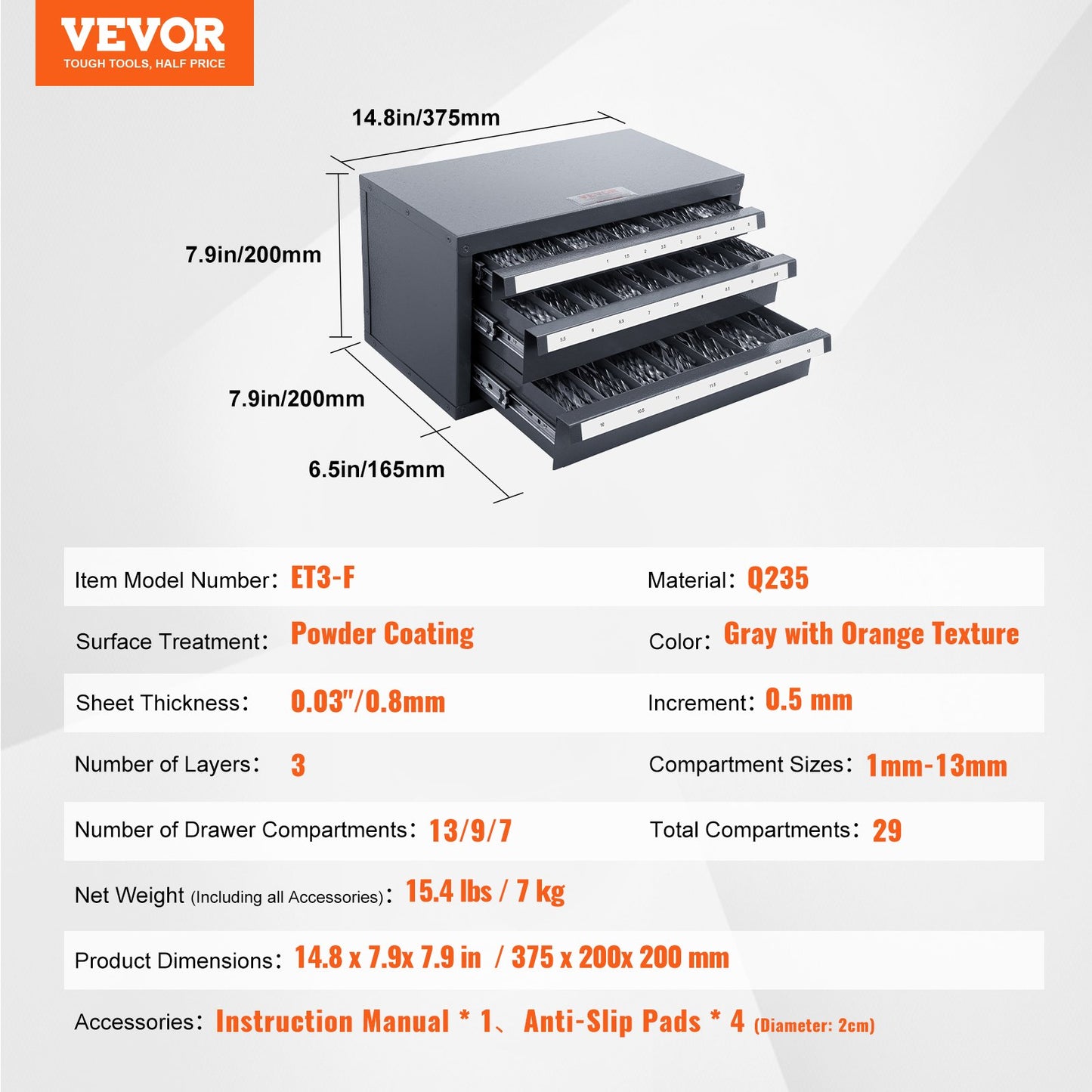 Drill Bit Dispenser Cabinet, Three-Drawer Drill Bit Organizer Cabinet for 1mm to 13mm, Steel Drill Dispenser Organizer Cabinet with Labels, Stackable Drill Dispenser for Drill Bit Storage