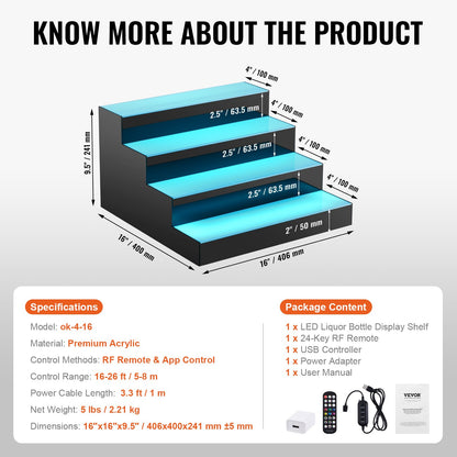 LED Lighted Liquor Bottle Display Bar Shelf RF & App Control 406 mm 4-Step