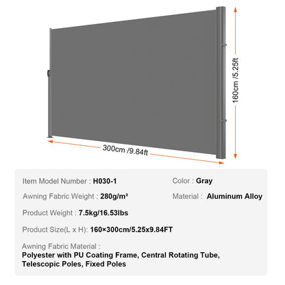 VEVOR Retractable Side Awning, 160X300m Aluminum Outdoor Privacy Screen, 280g Polyester Water-proof Retractable Patio Screen, UV 30+ Room Divider Wind Screen for Patio, Backyard, Balcony, Gray