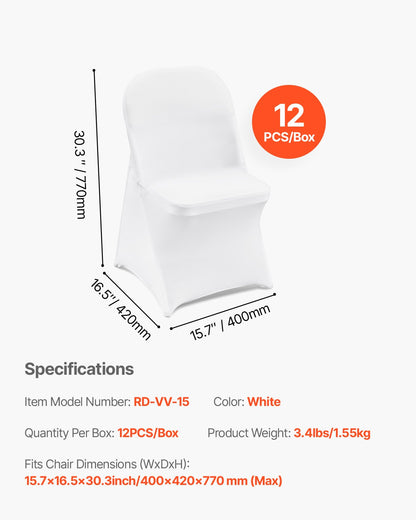 Stretch Spandex Folding Chair Covers, Universal Fitted Chair Cover, Removable Washable Protective Slipcovers, for Wedding, Holiday, Banquet, Party, Celebration, Dining (12PCS White)
