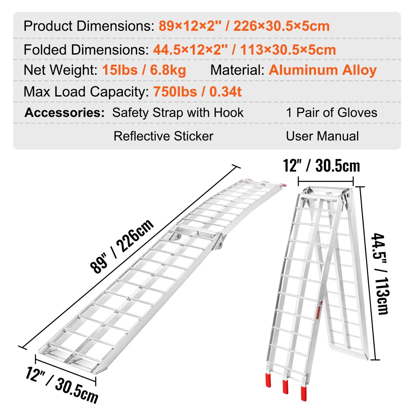 Aluminum Ramp 750 LBS Foldable Loading Ramps for Pickup Trucks Bed 1 Piece