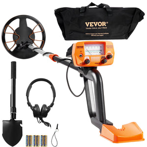 Metal detector with accessories including a shovel, headphones, and batteries on a white background.