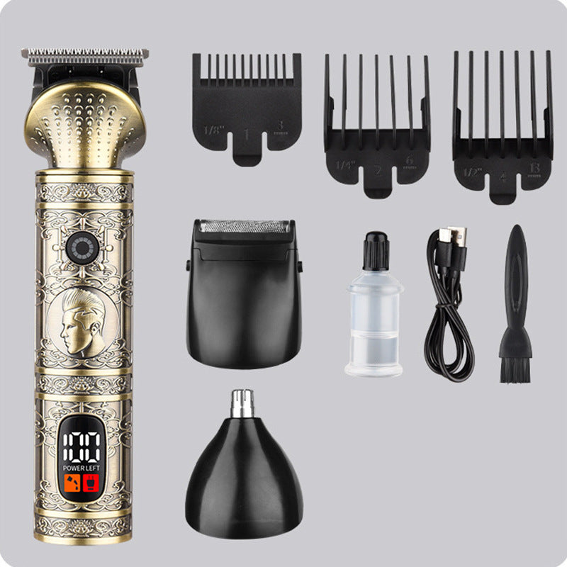 Vintage Electric Hair Trimmer &amp; Multi-Grooming Kit

Stylish and versatile, this electric hair trimmer offers precision grooming with a vintage aesthetic. Equipped with multiple comb attachments, nose hair trimmer, foil shaver, and more, it ensures a complete grooming experience for hair, beard, and body.